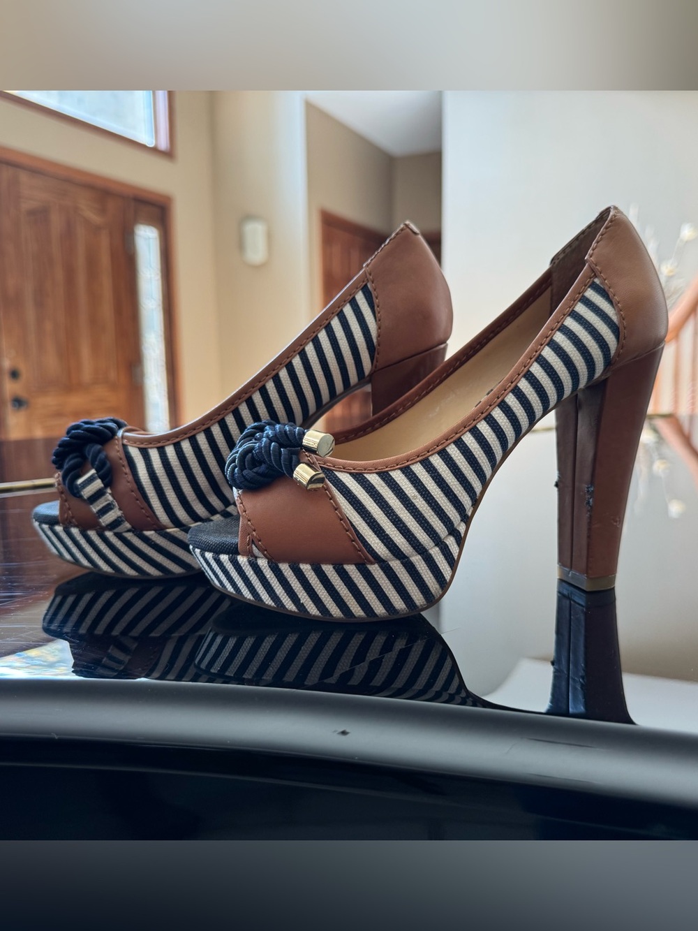 Gianni Bini Navy Striped & Brown Peep-Toe Heels with Knotted Accent